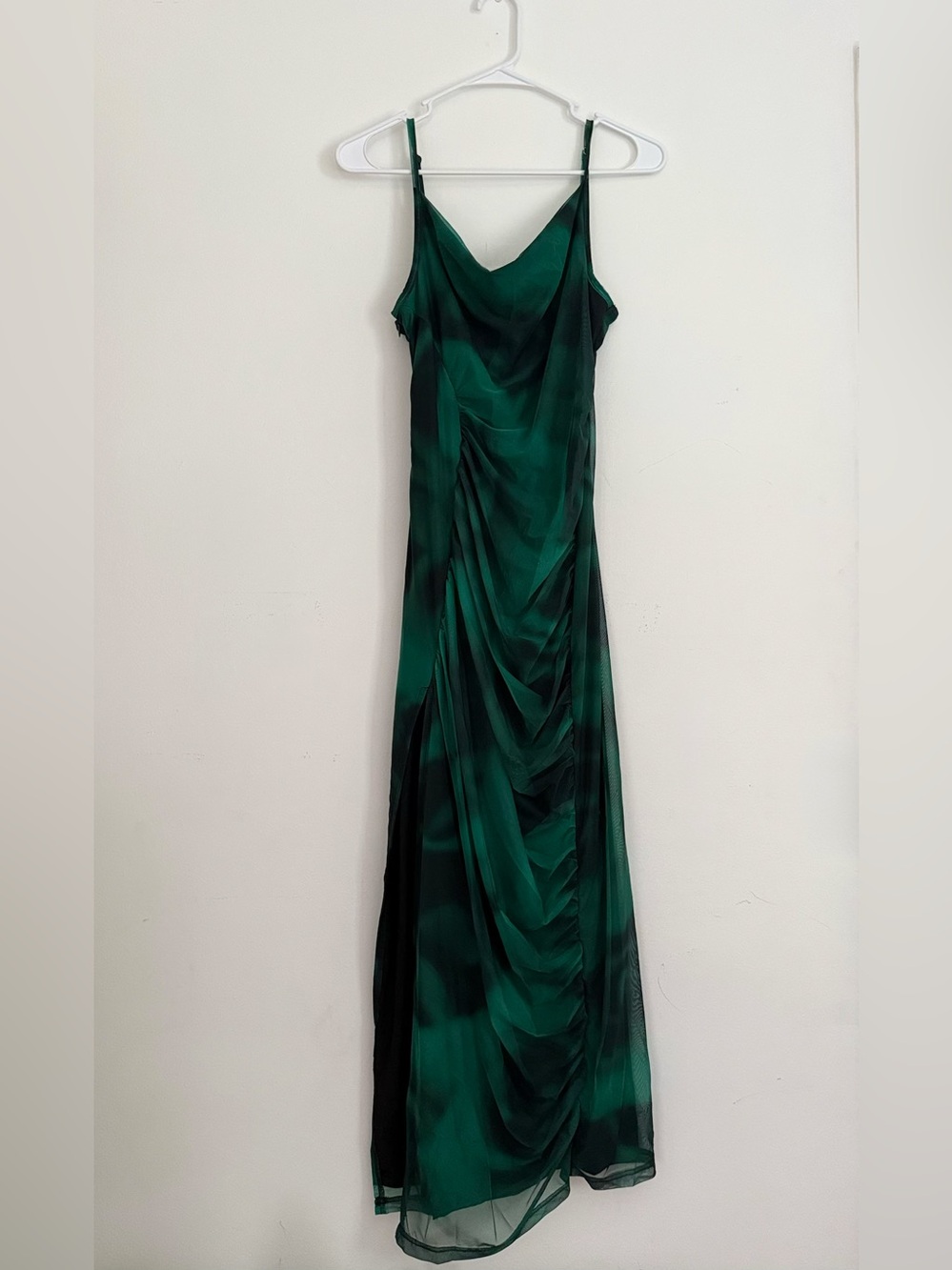 Cider Mesh Cowl Neck Ruched Midi Dress